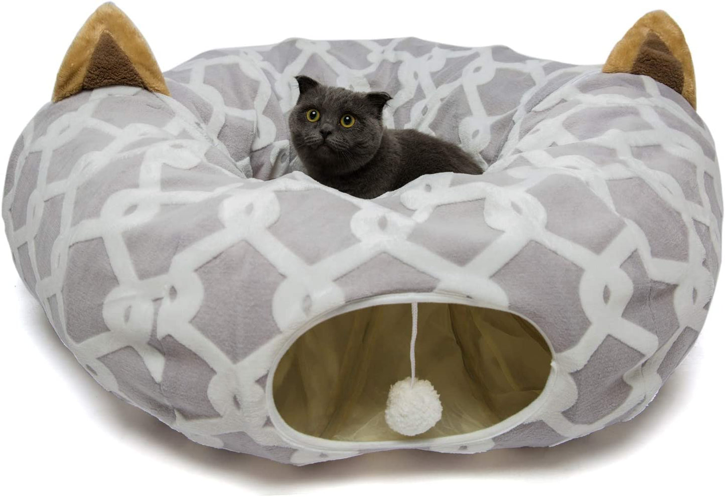 Large Cat Tunnel Bed with Plush Cover,Fluffy Toy Balls, Small Cushion and Flexible Design- 10 Inch Diameter, 3 Ft Length- Great for Cats, and Small Dogs, Gray Geometric Figure