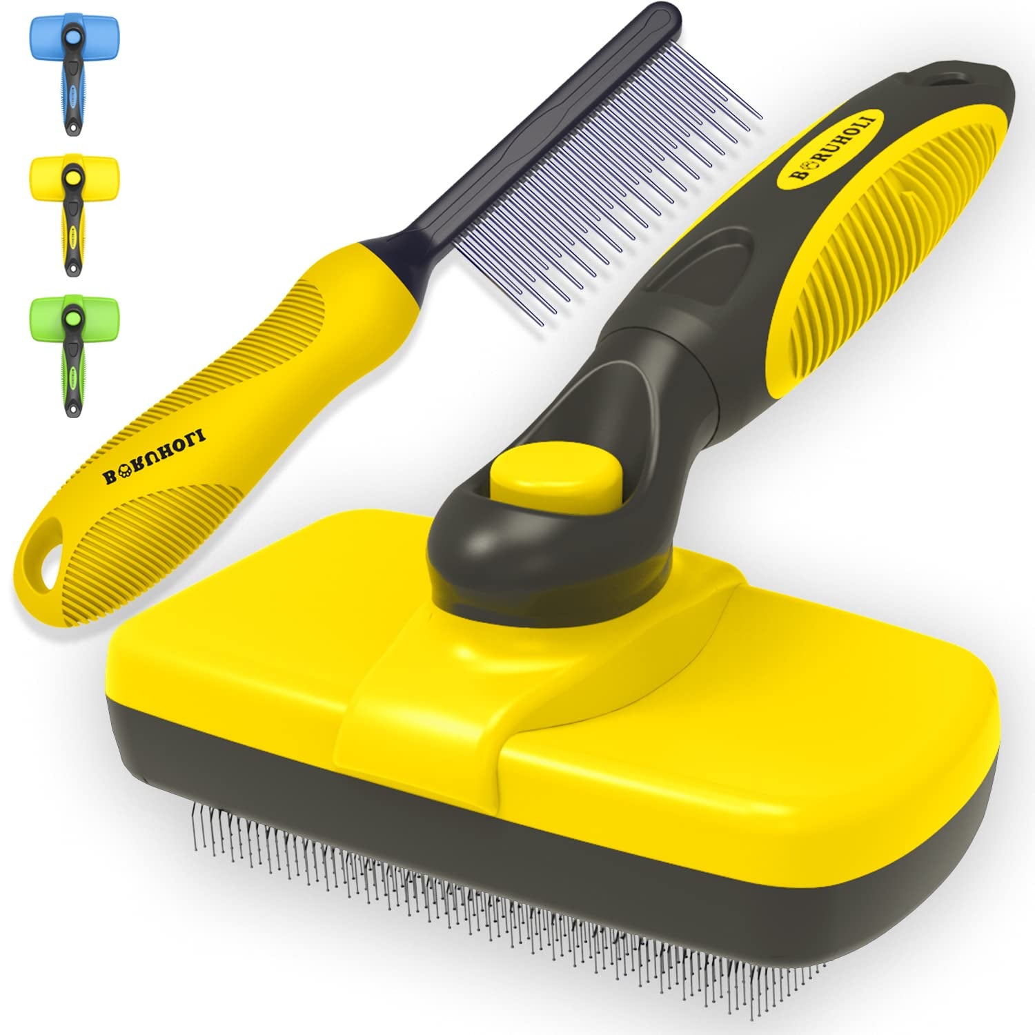 Self-Cleaning Slicker Dog/Cat Brush and Comb Kit,Cat/Dog Brush and Comb for Shedding and Grooming Long/Short Hair and Large/Small Dogs, Cats, Rabbits, Pets - Dematting Comb. (Yellow)