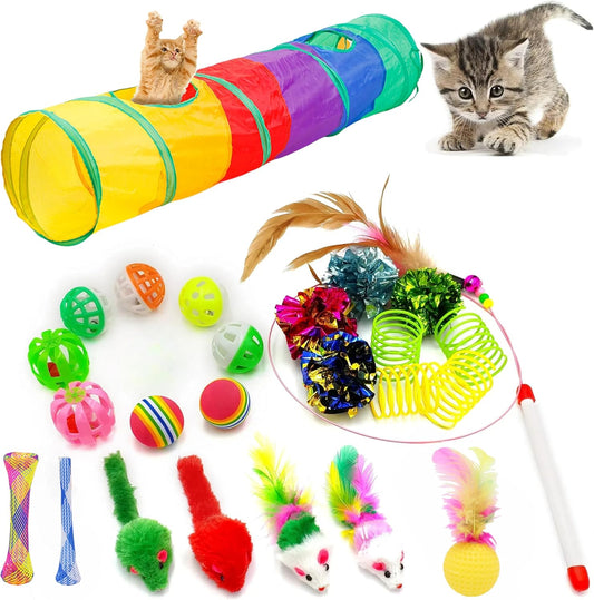 Kitten Toys, Cat Toys, 25 Assorted Cat Stuff Toys Pack Including Crinkle Tunnel Ball Wand Teaser Feather Mouse Mice Spring Assortment Kit for Cats Kittens Rabbits Puppies Rainbow