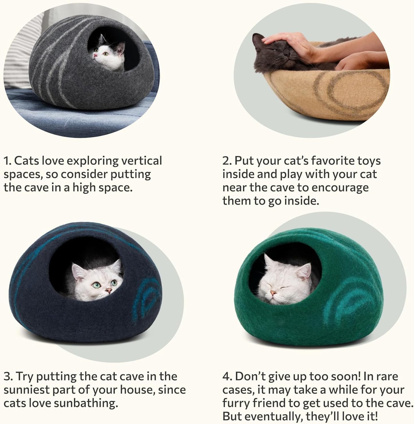 Cat Bed Cave Premium Felt - Handmade 100% Merino Wool Bed for Cats and Kittens (Light Shades) (Medium, Aquamarine)