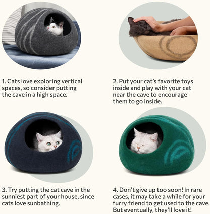 Cat Bed Cave Premium Felt - Handmade 100% Merino Wool Bed for Cats and Kittens (Light Shades) (Medium, Aquamarine)