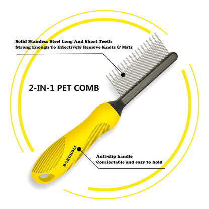 Self-Cleaning Slicker Dog/Cat Brush and Comb Kit,Cat/Dog Brush and Comb for Shedding and Grooming Long/Short Hair and Large/Small Dogs, Cats, Rabbits, Pets - Dematting Comb. (Yellow)