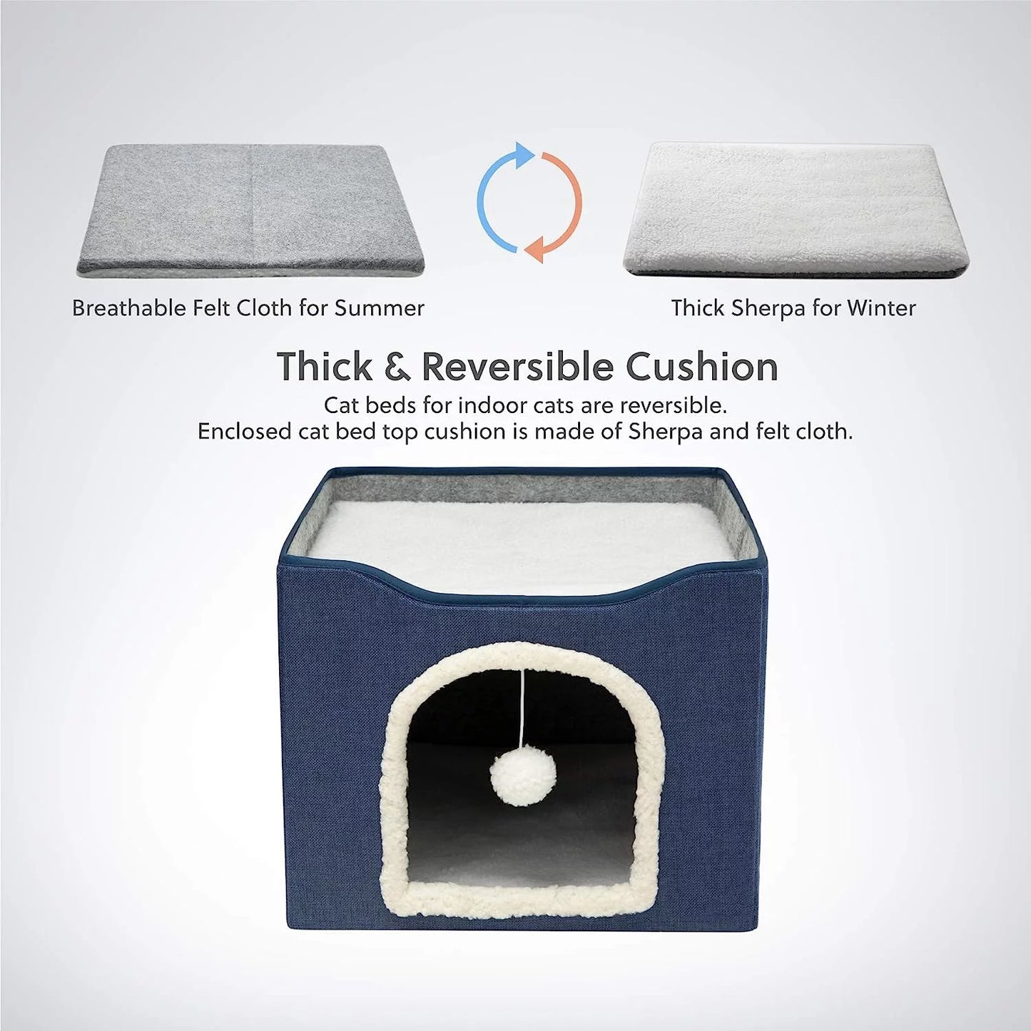 Cat Beds for Indoor Cats -Large Cat Cave for Pet Cat House with Fluffy Ball Hanging and Scratch Pad, Foldable Cat Hidewawy, Blue