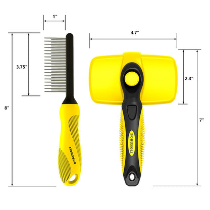 Self-Cleaning Slicker Dog/Cat Brush and Comb Kit,Cat/Dog Brush and Comb for Shedding and Grooming Long/Short Hair and Large/Small Dogs, Cats, Rabbits, Pets - Dematting Comb. (Yellow)